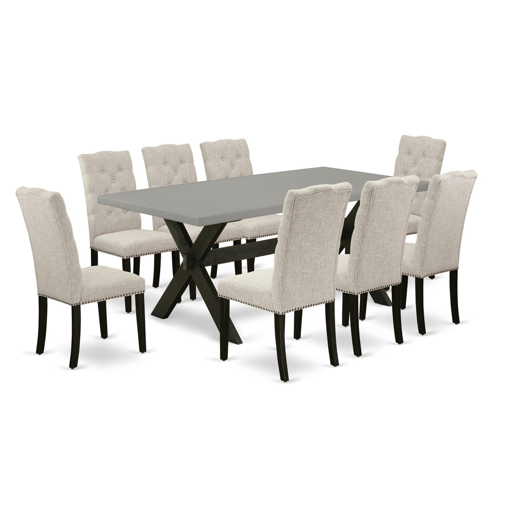 X697EKS4J-T Elegant 9 Piece Table Set with Rectangle Top & X-Styled Legs, 8 Chic Doeskin Chairs