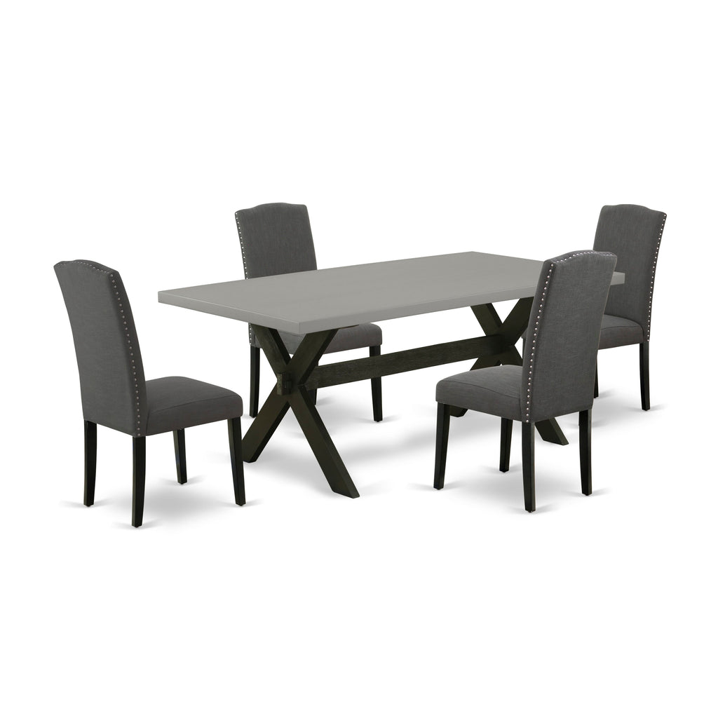 X697EHQO0-G 5-Piece Dining Ensemble with Rectangle Table & 4 Dark Fabric Chairs, X-Legs Design