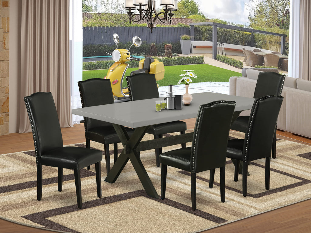 Explore X697E2REQ-Z 7-Piece Dining Ensemble with Rectangular Table on X-Legs and 6 Black Faux Leather Chairs