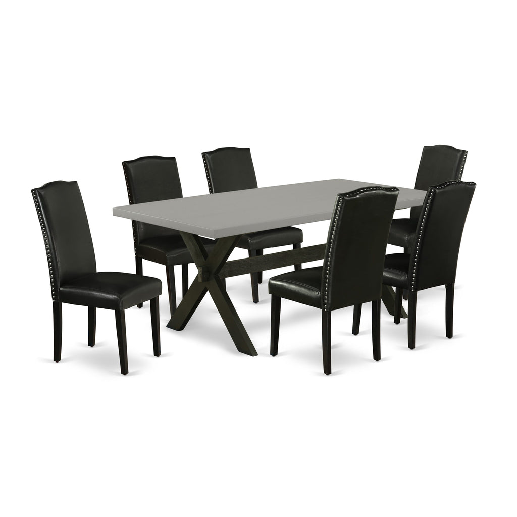 Explore X697E2REQ-Z 7-Piece Dining Ensemble with Rectangular Table on X-Legs and 6 Black Faux Leather Chairs
