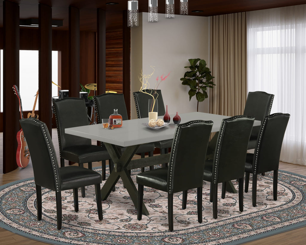 X697EZ5PT-L 9-Piece Dining Ensemble with Sturdy X-Leg Table and 8 Elegant Dark Faux Leather Seating, 40x72 Versatile Tones