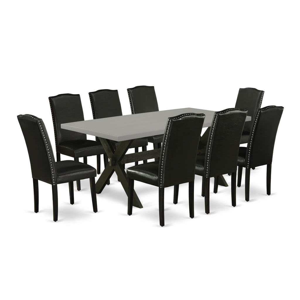 X697EZ5PT-L 9-Piece Dining Ensemble with Sturdy X-Leg Table and 8 Elegant Dark Faux Leather Seating, 40x72 Versatile Tones