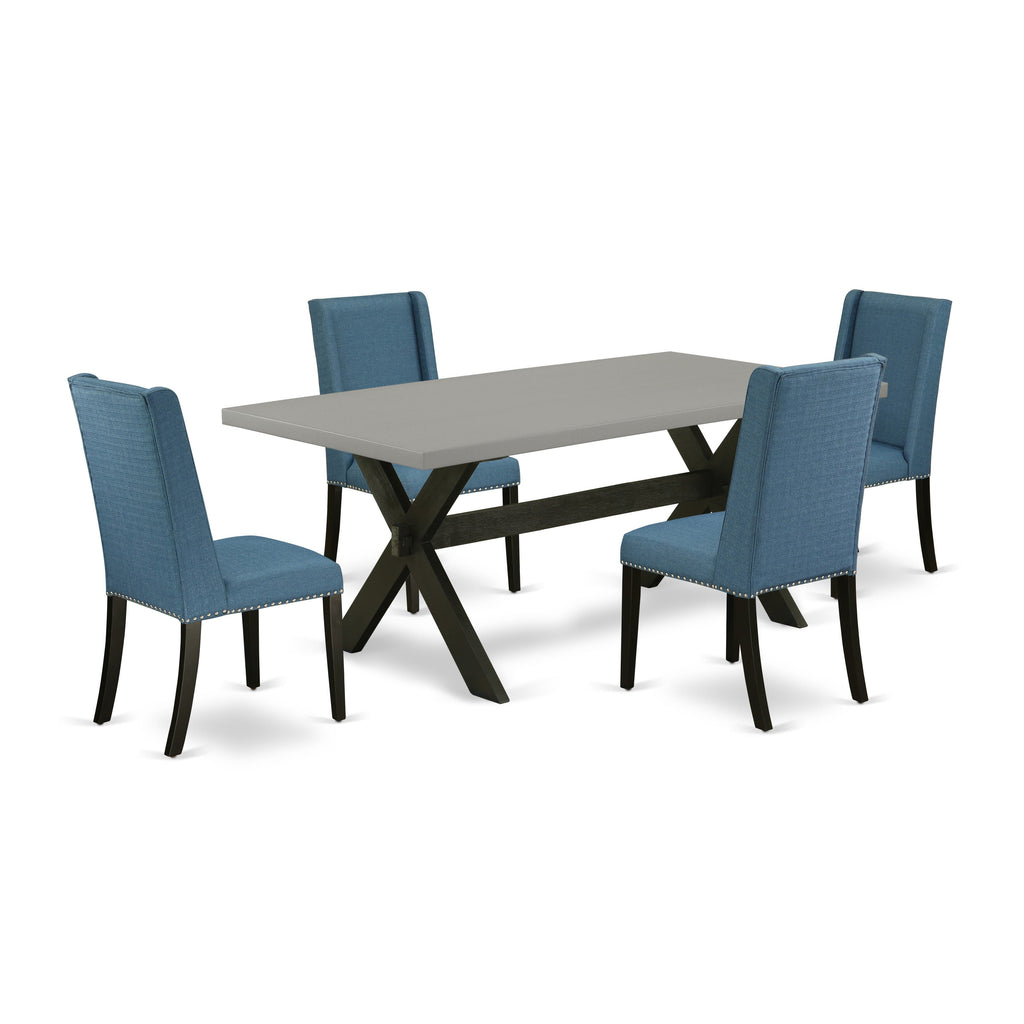 X697FW1ML-4 5-Piece Dining Ensemble with Rectangle Table and X-Legs, plus 4 Blue Linen Parsons Chairs, 40x72 Inch, Multi-Color