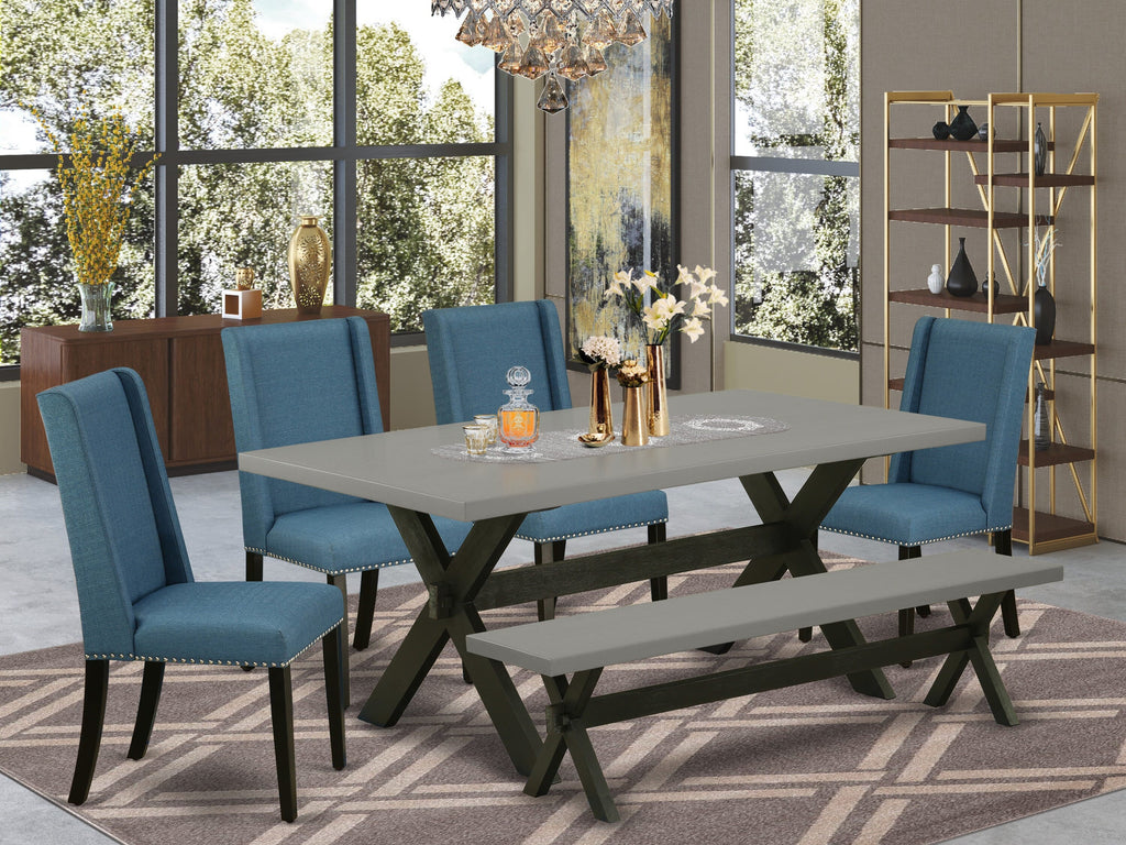 X697FMBRX-F Dining Room Ensemble - 6 Piece Set with Rectangular Table on X-Legs, 4 Upholstered Blue Linen Chairs & Bench, 40x72 Spectrum