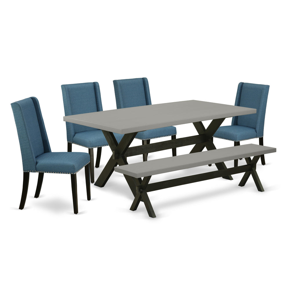 X697FMBRX-F Dining Room Ensemble - 6 Piece Set with Rectangular Table on X-Legs, 4 Upholstered Blue Linen Chairs & Bench, 40x72 Spectrum