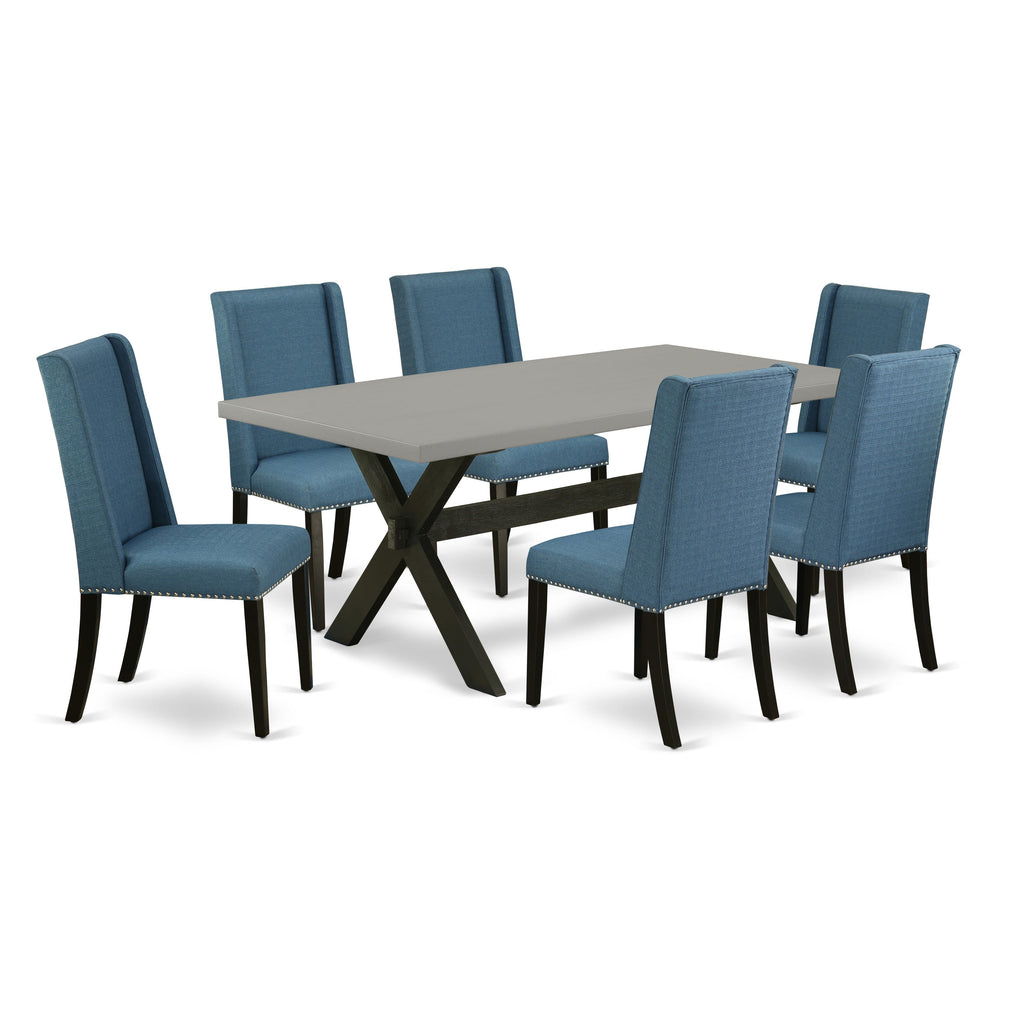 X697F6WZ8-8 Complete 7-Piece Dining Ensemble Rectangle Table with Decorative Legs & 6 Blue Linen High Back Chairs