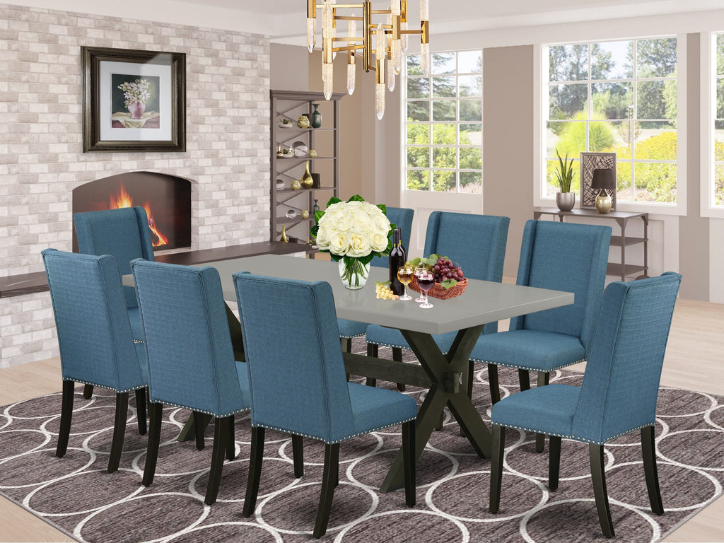X697FFUYM-N Elegant 9-Piece Rectangle Dining Set with X-Leg Table & Blue Parsons Chairs