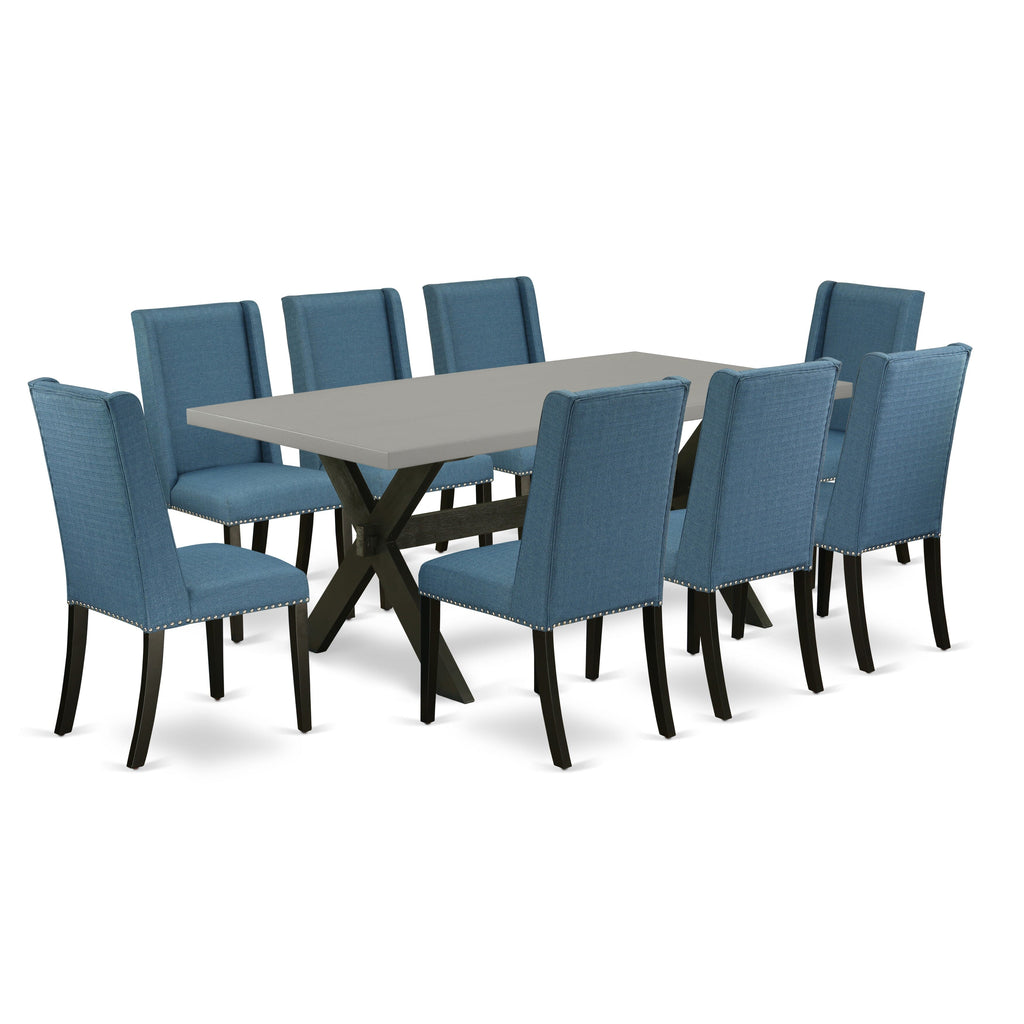X697FFUYM-N Elegant 9-Piece Rectangle Dining Set with X-Leg Table & Blue Parsons Chairs