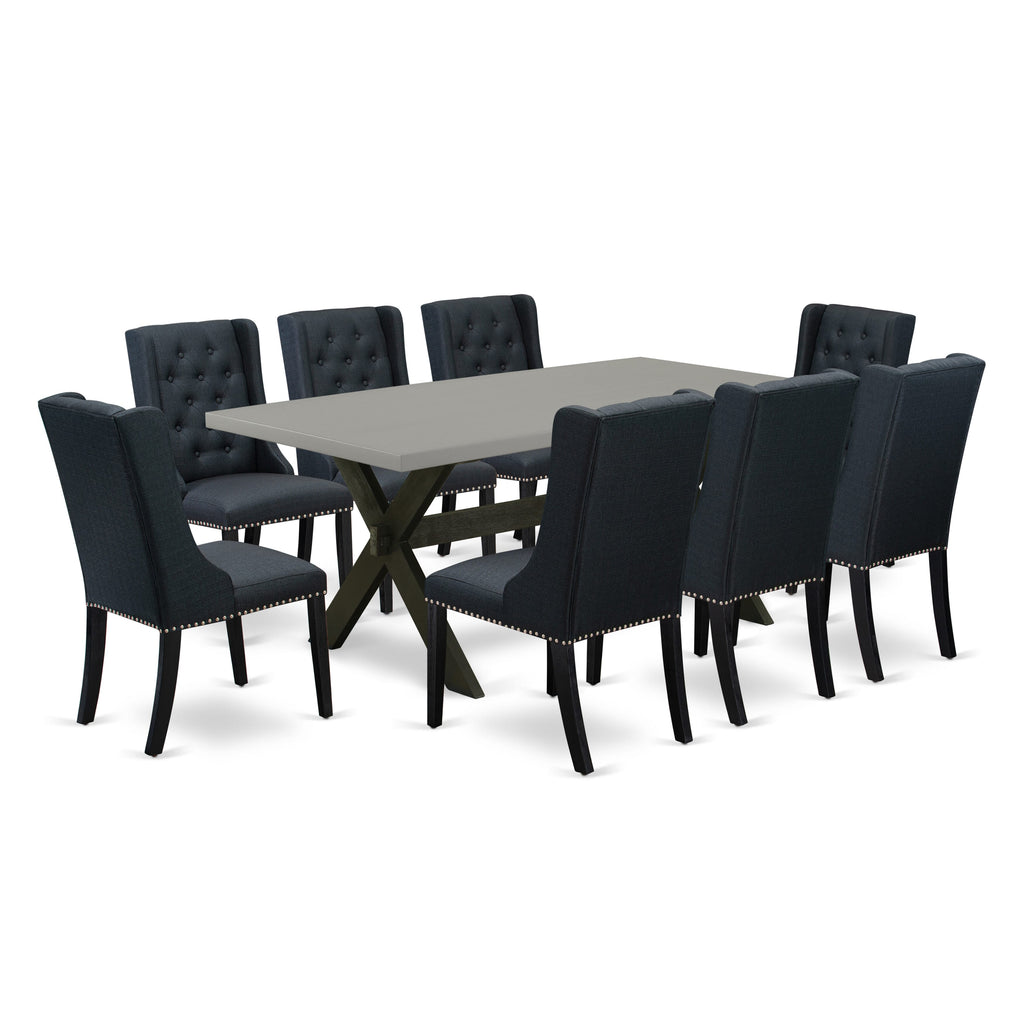 X697FJORE-Q 9 Piece Set Dining Table with X-Legs & 8 Linen Fabric Upholstered Chairs, 40x72