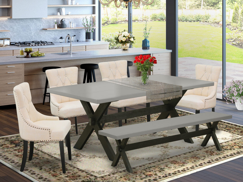 X697F391W-O 6-Piece Dining Ensemble Elegant Rectangular Table with X-Legs, Beige Linen Chairs & Bench
