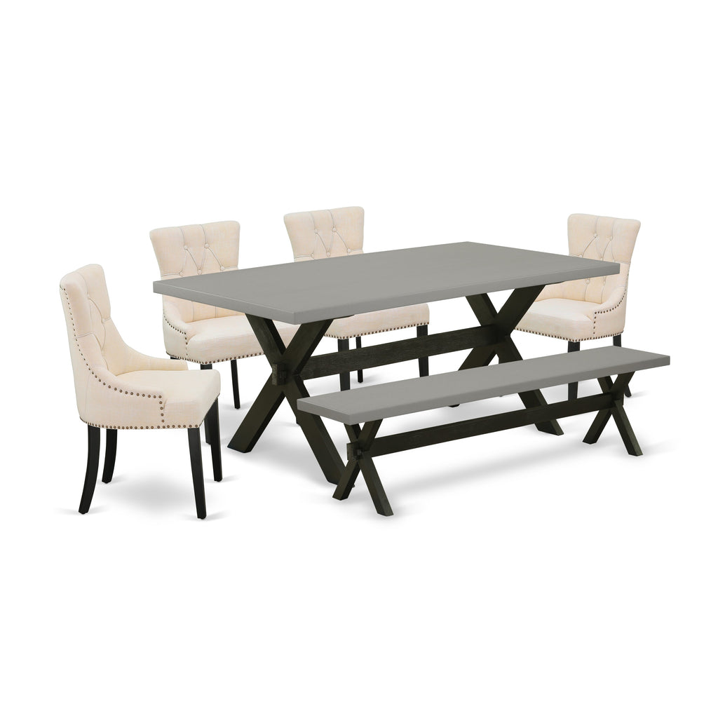 X697F391W-O 6-Piece Dining Ensemble Elegant Rectangular Table with X-Legs, Beige Linen Chairs & Bench