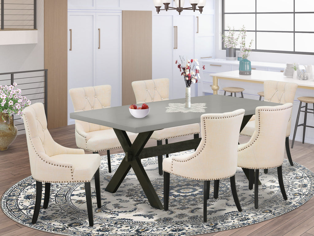 Dining Room Set X697FA24A-N Rectangular Table & 6 Parson Chairs in Beige Linen, X-Legs Design