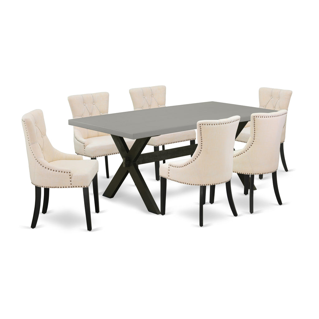 Dining Room Set X697FA24A-N Rectangular Table & 6 Parson Chairs in Beige Linen, X-Legs Design