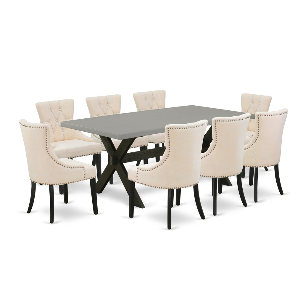 X697FGRAY-V 9-Piece Dining Set with Rectangle Table & 8 Upholstered Beige Chairs, XL Style, 40x72