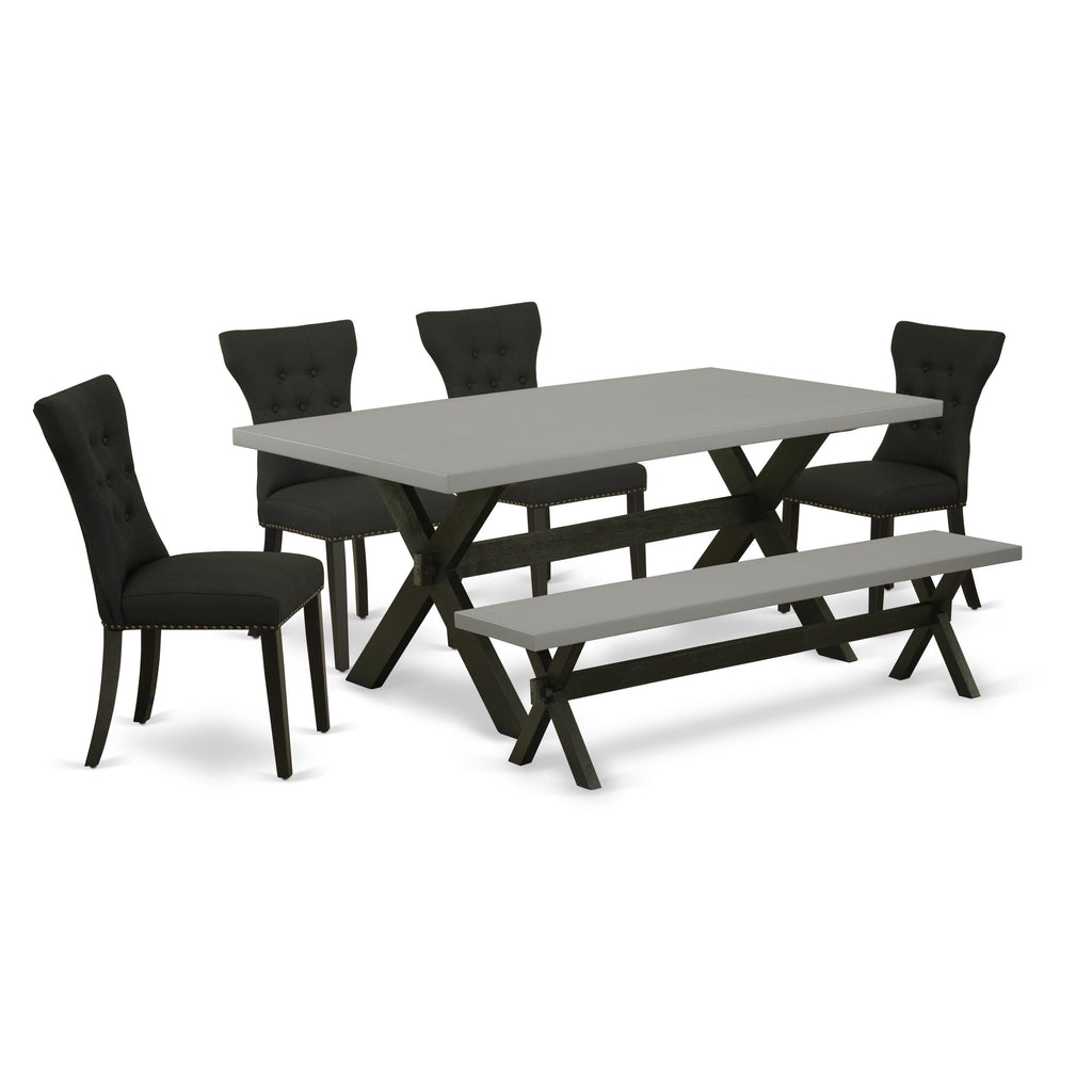 X697G2JJX-L 6-Piece Dining Set with Rectangular Wood Table, X-Legs, Bench, 4 Black Linen Chairs in Multi-Hues