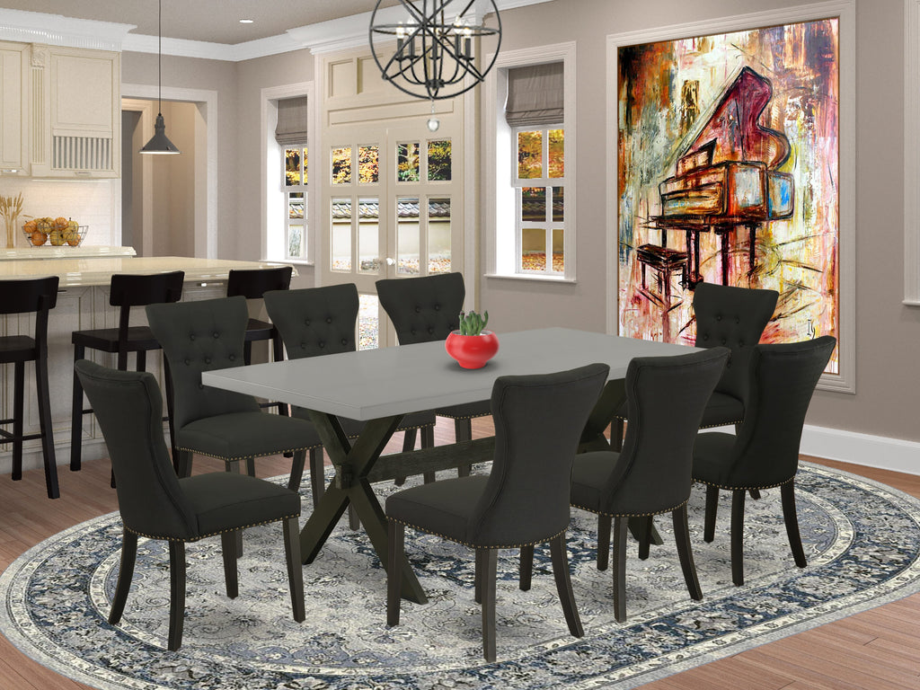 X697GV98I-4 Versatile 9-Piece Set with Rectangular X-Leg Table & 8 Black Fabric Chairs, Multi-Color