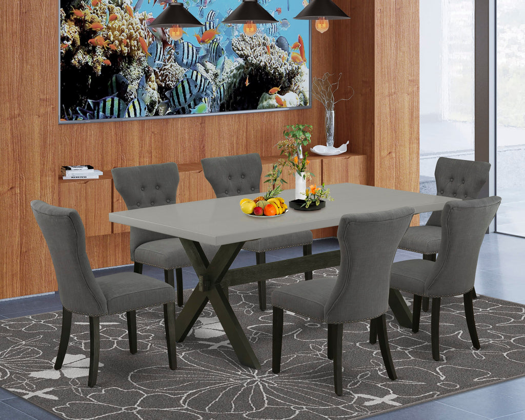 X697GTXDI-J 7-Piece Rectangular Dining Table Set with X-Legs & 6 Dark Gotham Linen Chairs, 40x72 In, Multi-Color