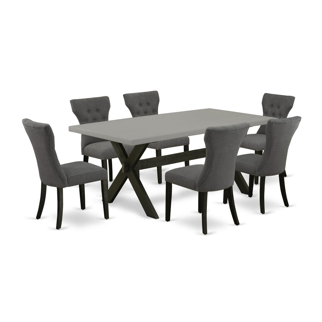 X697GTXDI-J 7-Piece Rectangular Dining Table Set with X-Legs & 6 Dark Gotham Linen Chairs, 40x72 In, Multi-Color