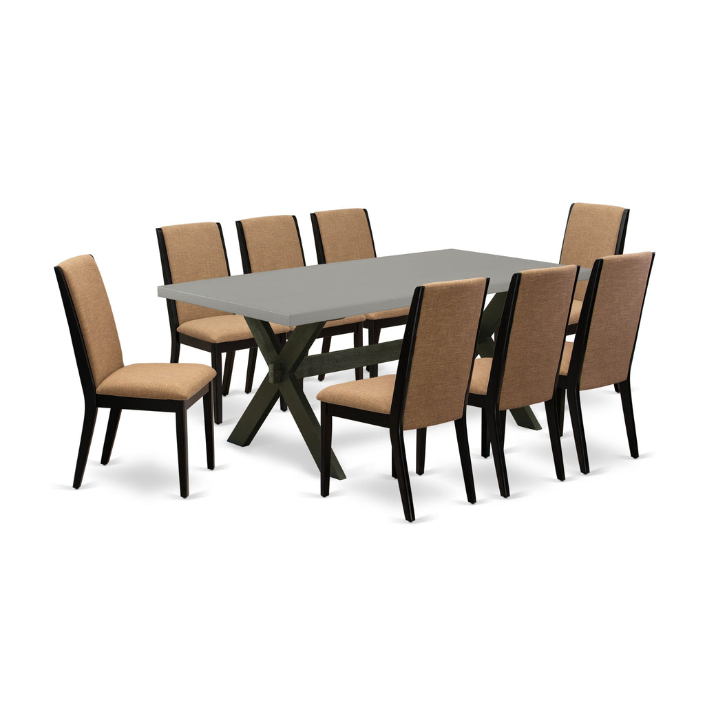 X697LX6SL-N 9-Piece Dining Ensemble Rectangular Table with X-Legs & 8 Upholstered Chairs in Multi-Tone Sable Linen