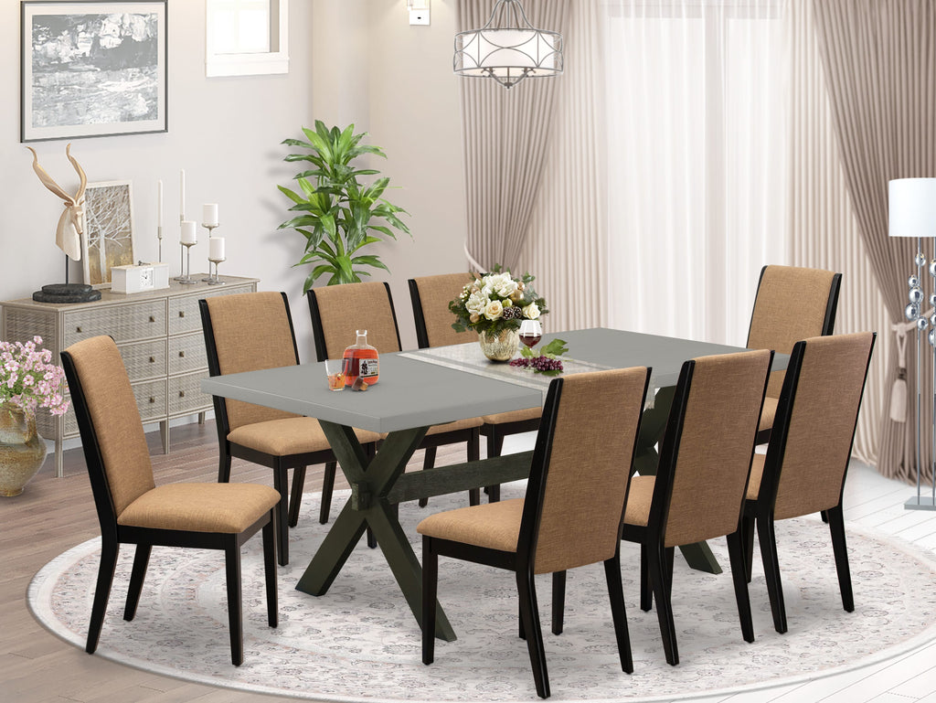 X697LX6SL-N 9-Piece Dining Ensemble Rectangular Table with X-Legs & 8 Upholstered Chairs in Multi-Tone Sable Linen