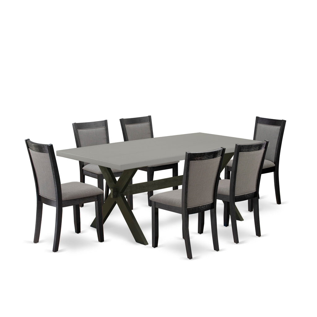 X697MQO70-D 7-Piece Rectangular Dining Ensemble with X-Legged Table & 6 Gotham Grey Linen Chairs, Multi-Color, 40x72