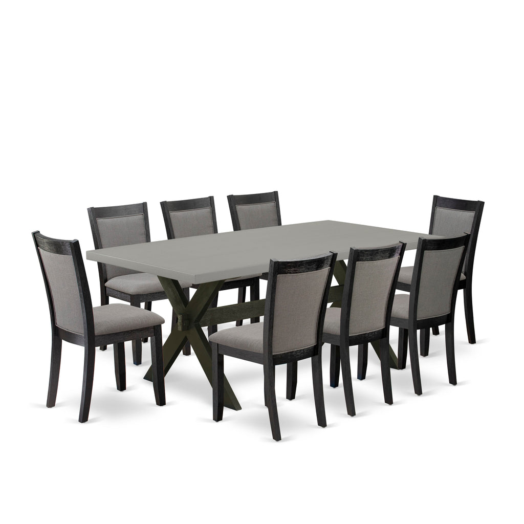 X697M8CTM-M Deluxe 9 Pc Dining Set with Rectangular Table & X-Legs, 8 Gotham Grey Linen Chairs, 40x72