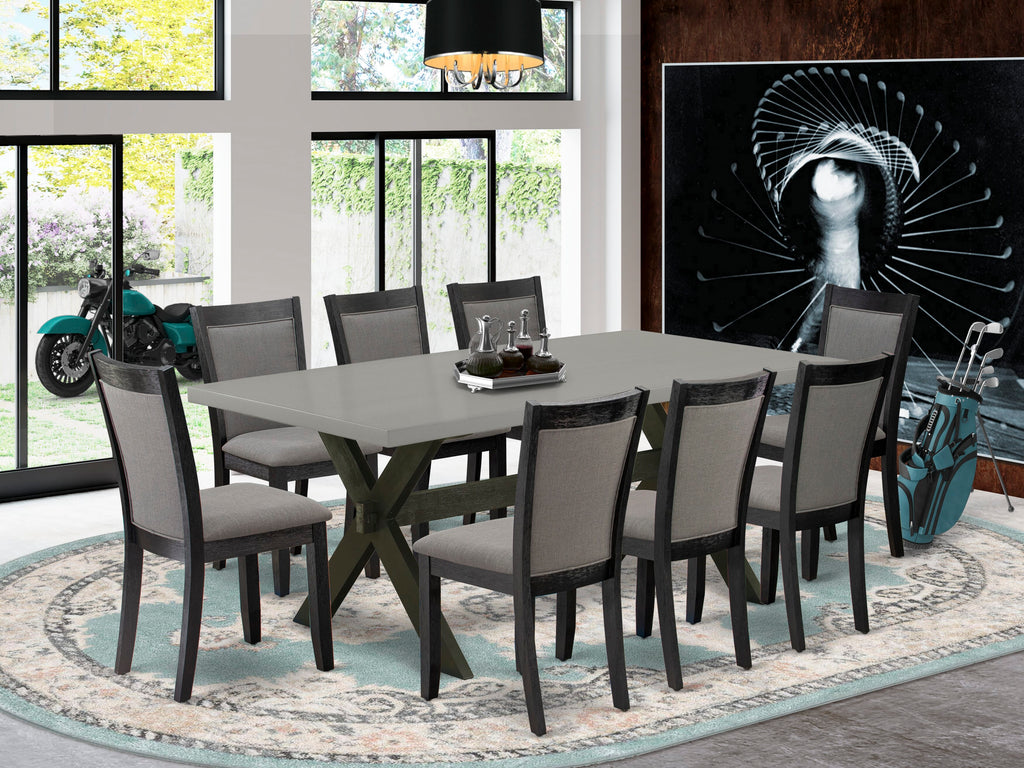 X697M8CTM-M Deluxe 9 Pc Dining Set with Rectangular Table & X-Legs, 8 Gotham Grey Linen Chairs, 40x72