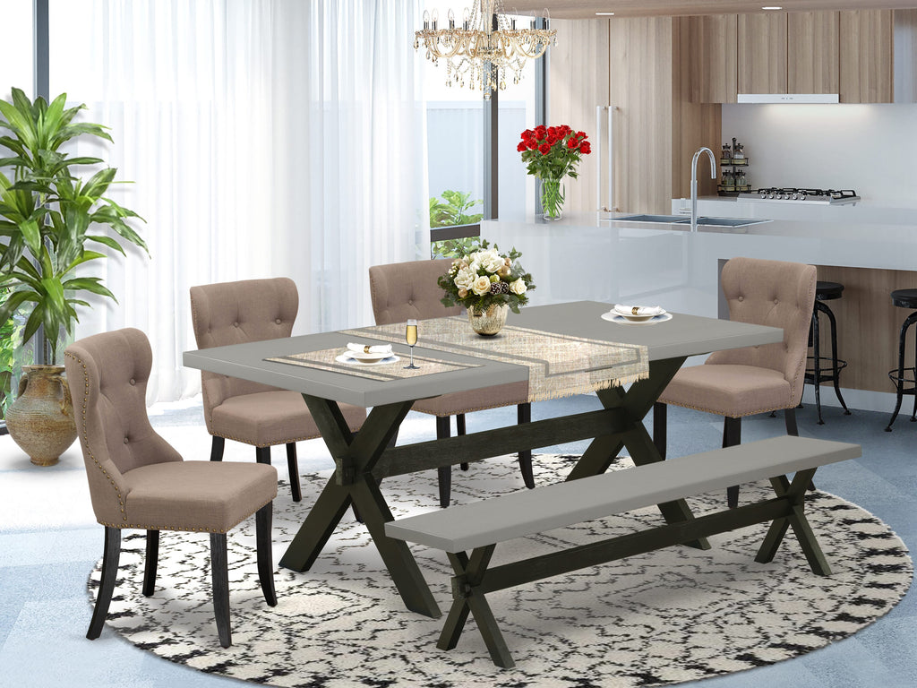 X697S0Q1K-1 Six-Piece Dining Collection with X-Leg Table, Linen Chairs & Bench, Multicolor Ensemble