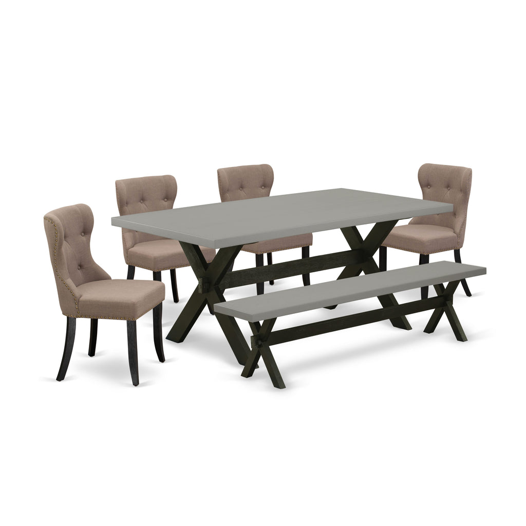 X697S0Q1K-1 Six-Piece Dining Collection with X-Leg Table, Linen Chairs & Bench, Multicolor Ensemble