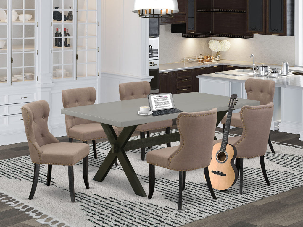 X697SAI6F-J Elegant 7-Piece Set Chic Dining Table with X-Legs & 6 Fabric Chairs