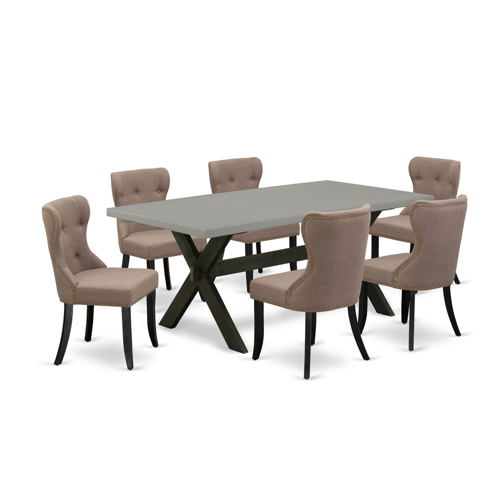 X697SAI6F-J Elegant 7-Piece Set Chic Dining Table with X-Legs & 6 Fabric Chairs