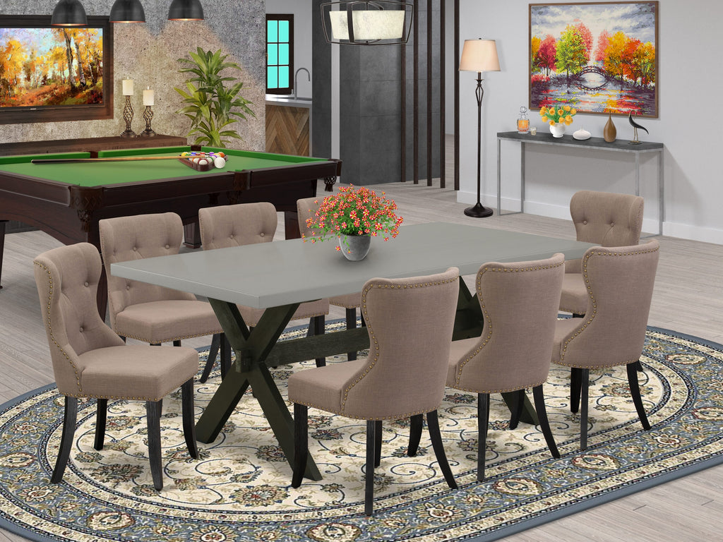 X697SJY17-1 9-Piece Dining Set Stylish Dining Table with X-Legs and 8 Elegant Parson Chairs