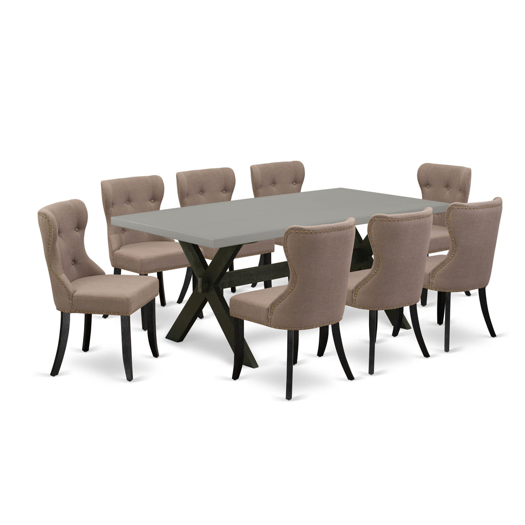 X697SJY17-1 9-Piece Dining Set Stylish Dining Table with X-Legs and 8 Elegant Parson Chairs