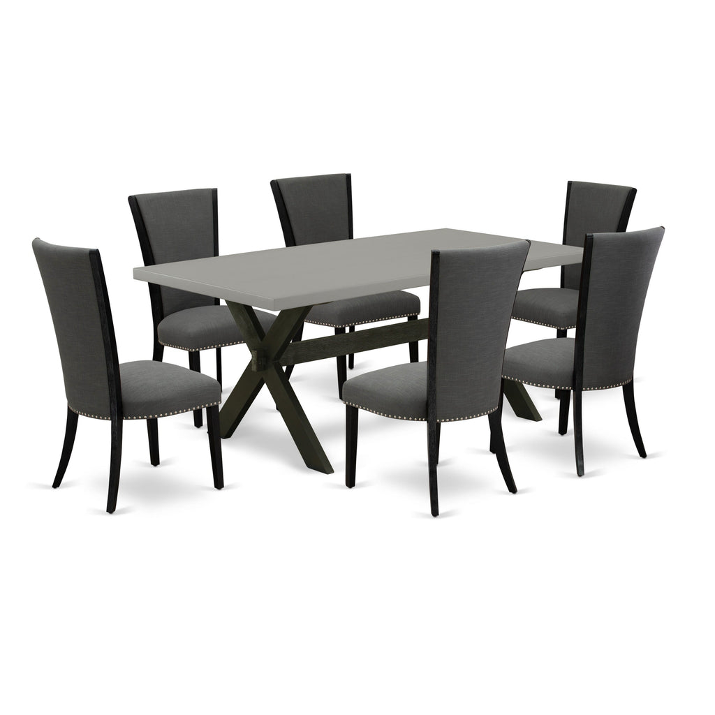 X697VQR65-M Luxe 7Pc Rectangular Dining Collection with Chic Chairs - Wirebrushed Finish in Black & Cement Hues