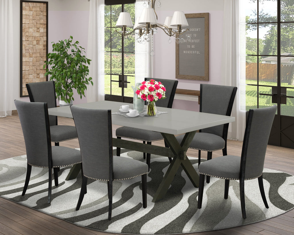 X697VQR65-M Luxe 7Pc Rectangular Dining Collection with Chic Chairs - Wirebrushed Finish in Black & Cement Hues