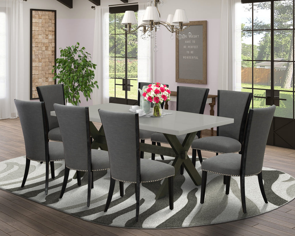 X697V2O1Q-U Dining Room Set 9-Piece Ensemble Featuring Rectangular Table with Cross-Leg Design and Dark Gothic Parson Chairs