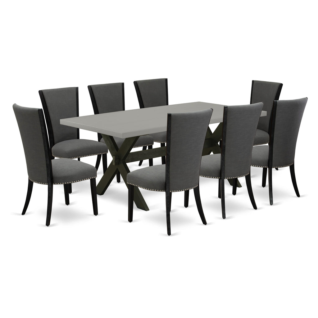 X697V2O1Q-U Dining Room Set 9-Piece Ensemble Featuring Rectangular Table with Cross-Leg Design and Dark Gothic Parson Chairs