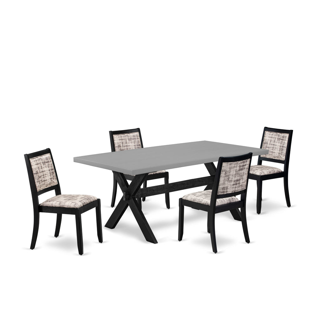 X697X2WKB-G 5-Piece Dining Set Cement Tabletop & Four Gray-Patterned White Faux Leather Chairs - Black Finish
