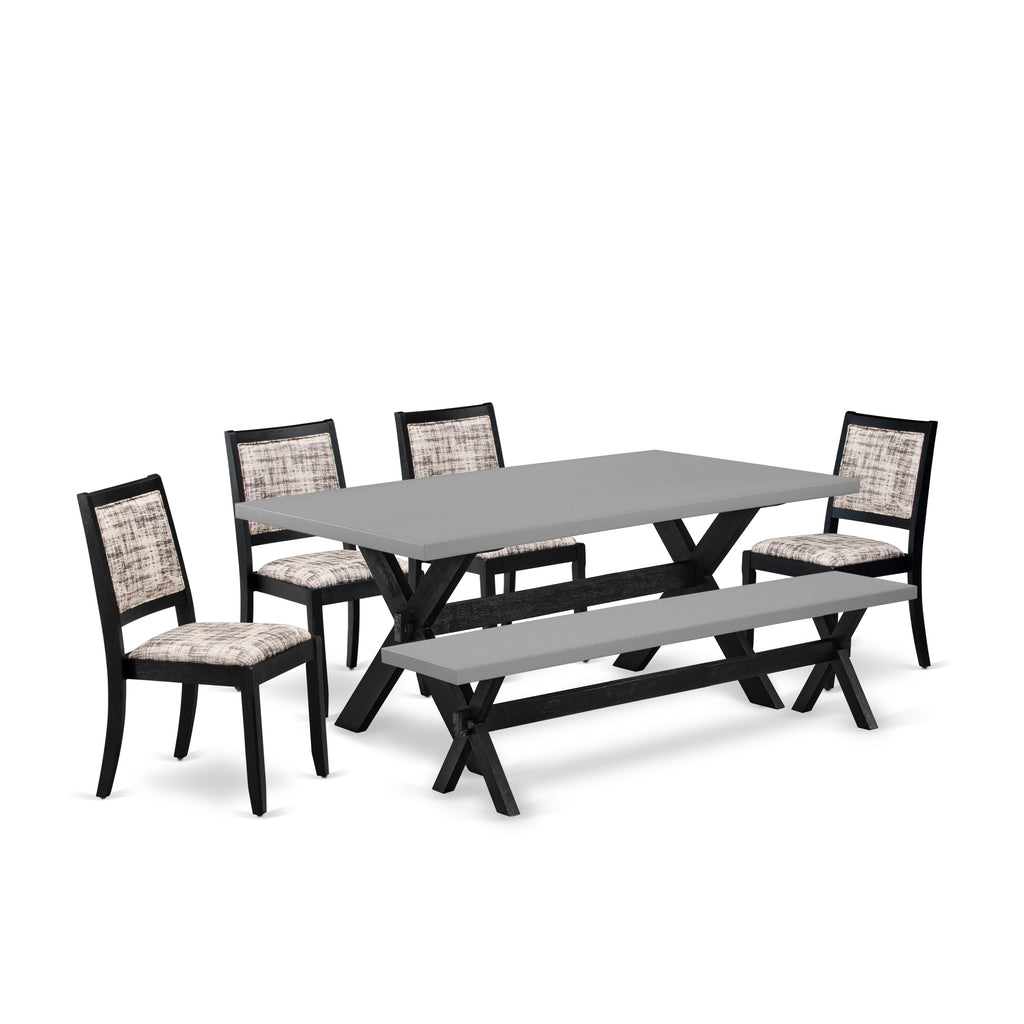 X697XRNRN-G 6-Piece Dining Ensemble with Cement Top Table, Bench & Cream-Gray Faux Leather Chairs - Brushed Black Finish