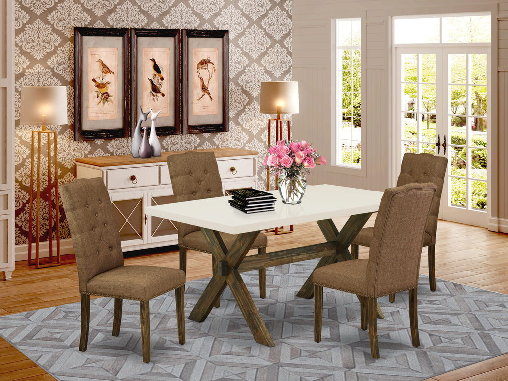 X726E8M62-G Multi-Piece Dining Ensemble with Rectangular Table & 4 Brown Linen Chairs, 36x60