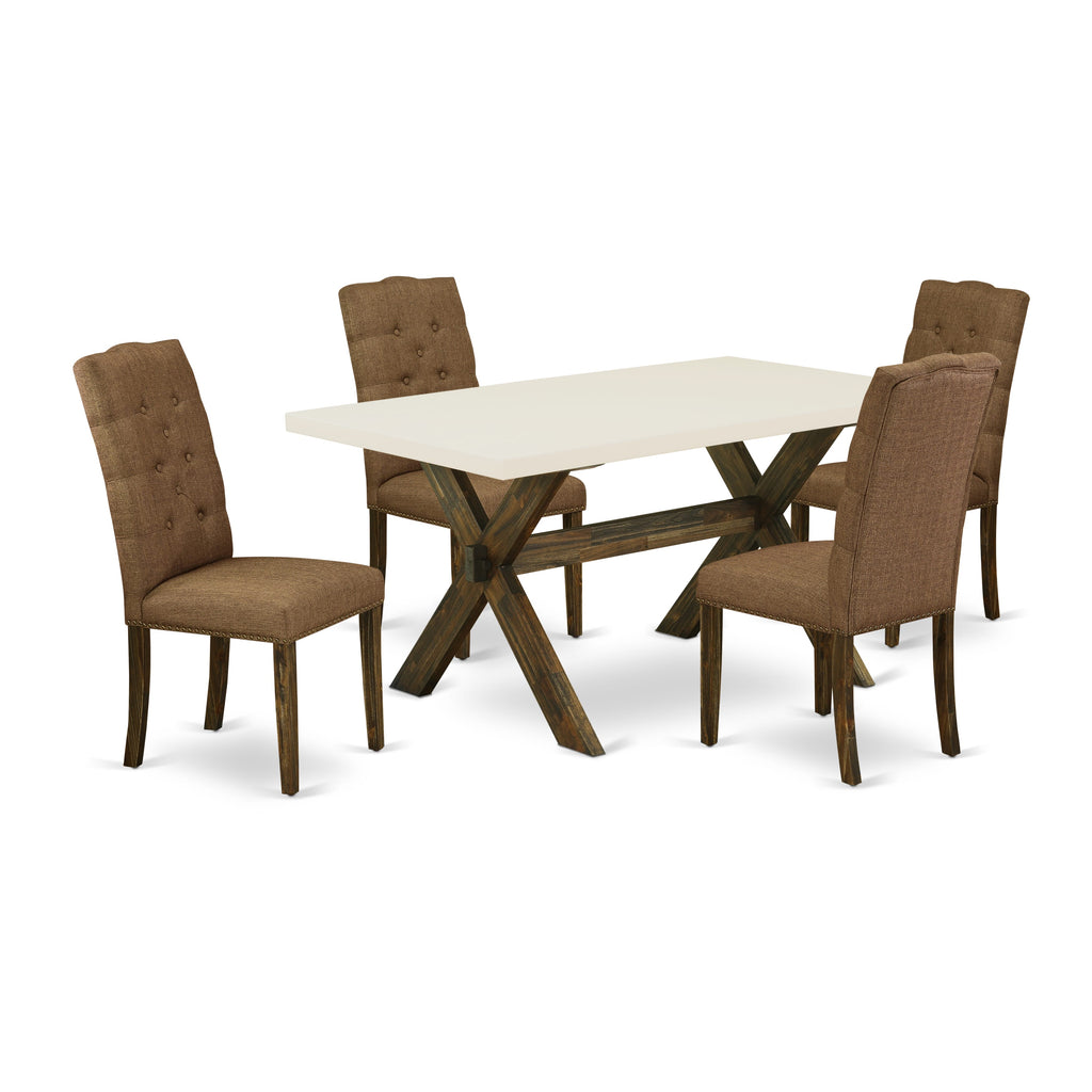 X726E8M62-G Multi-Piece Dining Ensemble with Rectangular Table & 4 Brown Linen Chairs, 36x60