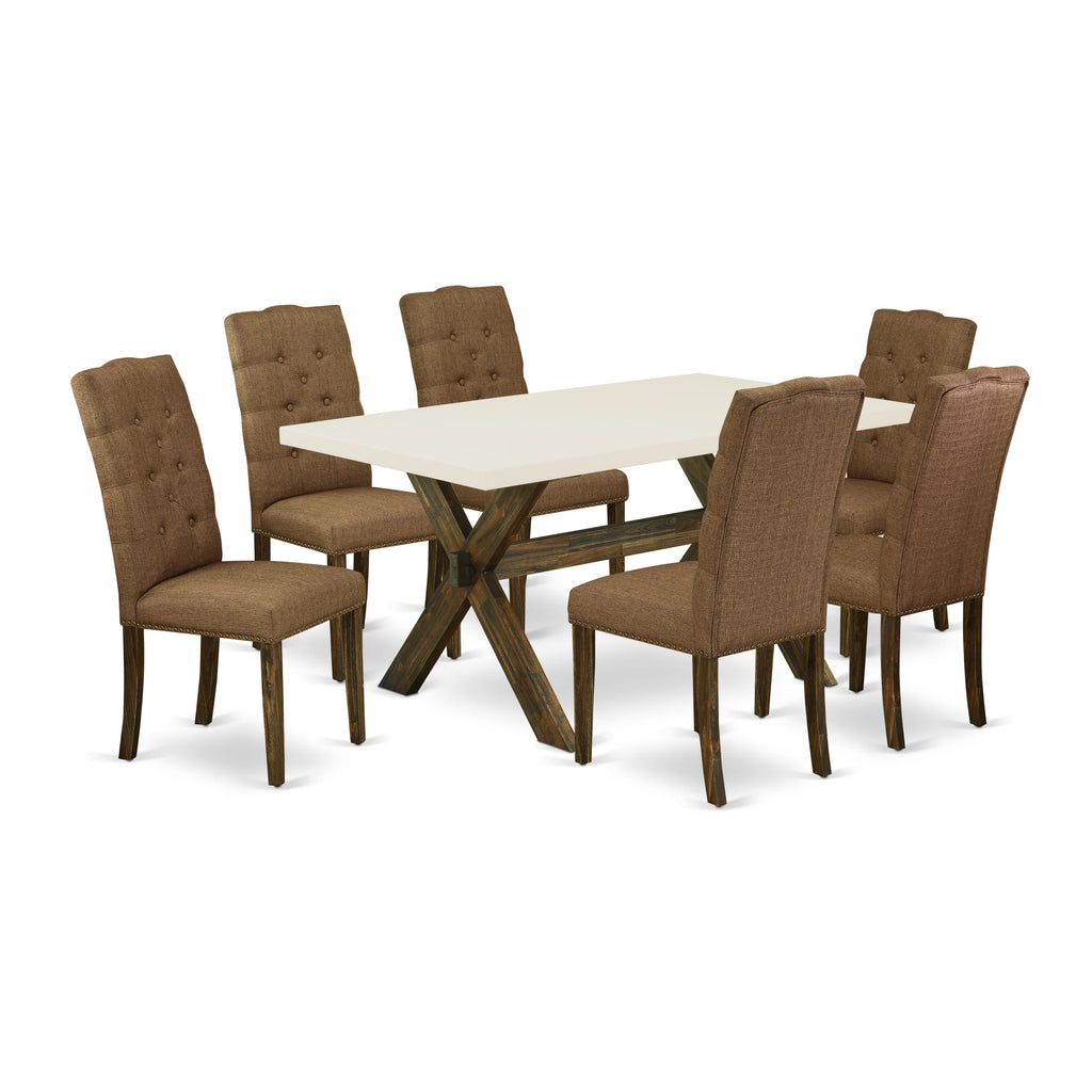 X726EZ9ME-L Modern 7-Piece Dining Ensemble with Rectangular Table and 6 Brown Upholstered Chairs
