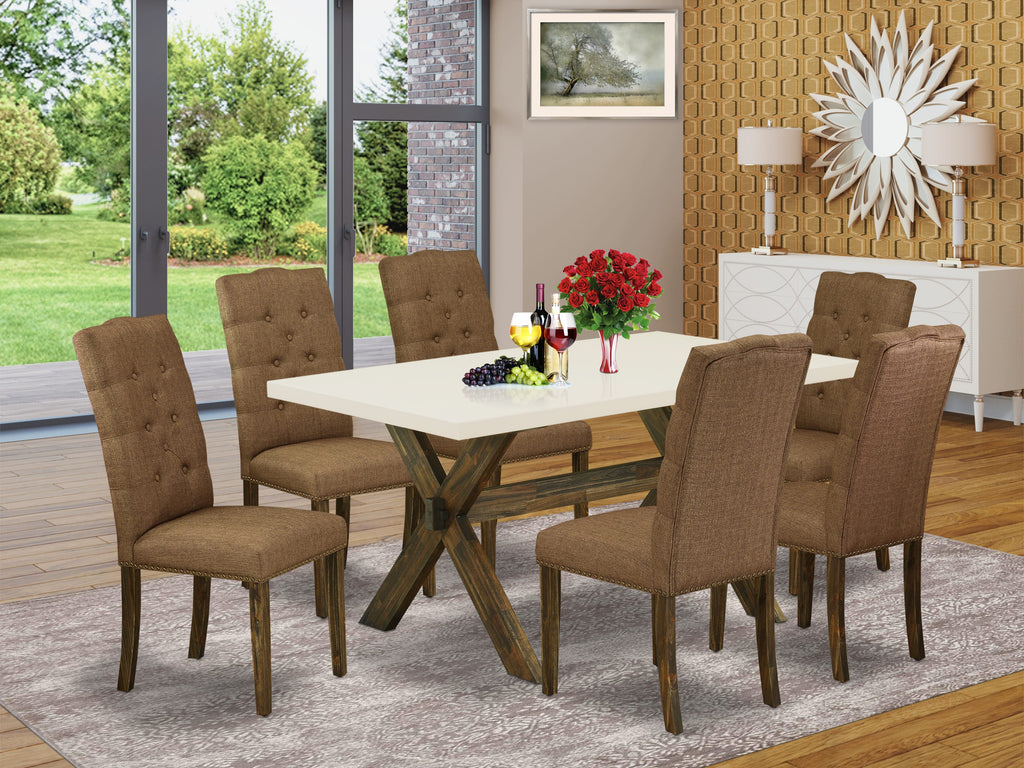 X726EZ9ME-L Modern 7-Piece Dining Ensemble with Rectangular Table and 6 Brown Upholstered Chairs