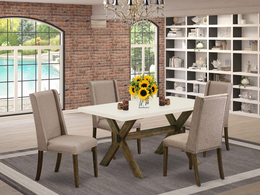 X726FHQ78-W 5-Piece Set with Table X-Legs & 4 Khaki Chairs, 36x60, Multi-color