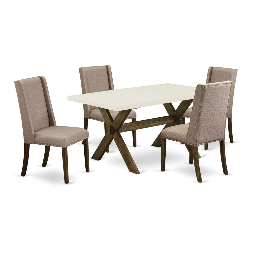 X726FHQ78-W 5-Piece Set with Table X-Legs & 4 Khaki Chairs, 36x60, Multi-color