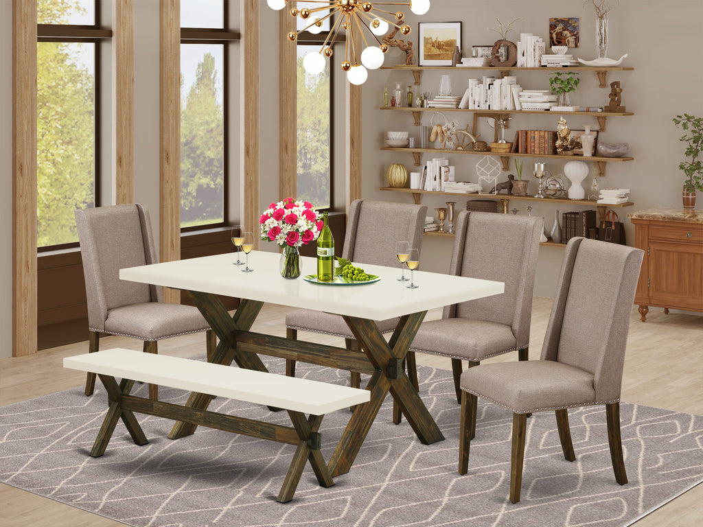 X726FPUBU 6-Piece Dining Set with Rectangle Table, X-Legs, Khaki Linen Chairs & Bench, 36x60 Inches Multicolor