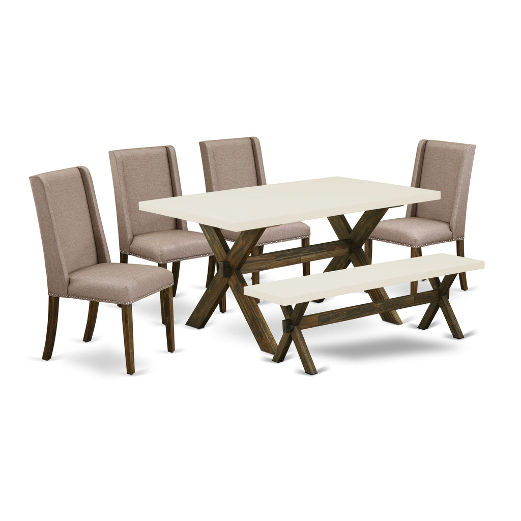 X726FPUBU 6-Piece Dining Set with Rectangle Table, X-Legs, Khaki Linen Chairs & Bench, 36x60 Inches Multicolor