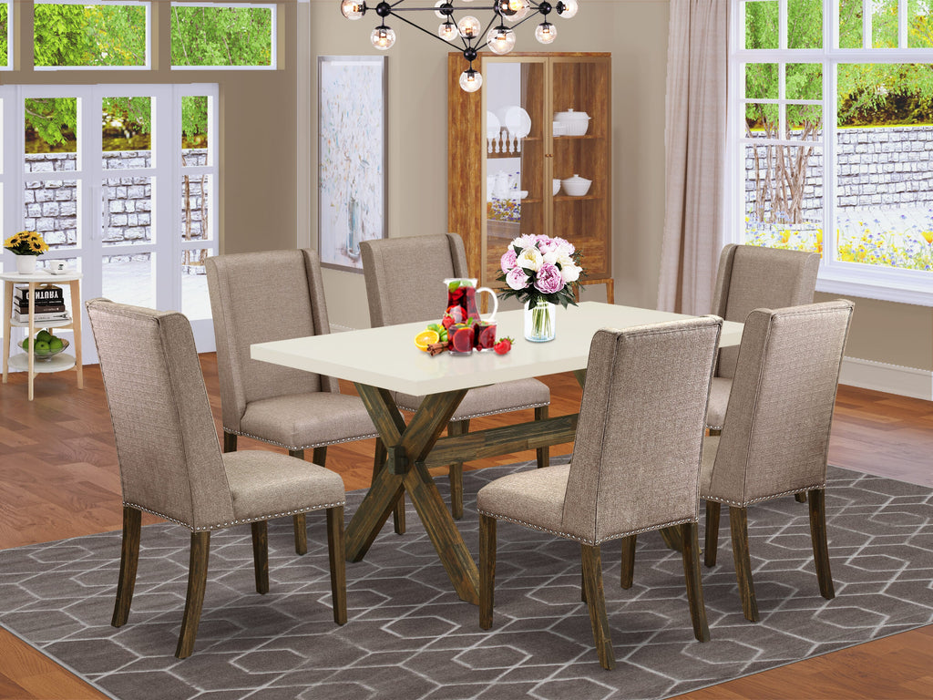 X726FXKHB-H 7-Piece Dining Suite Rectangular Table with X-Frame & 6 Khaki Linen Chairs, 36x60 Multi-Color