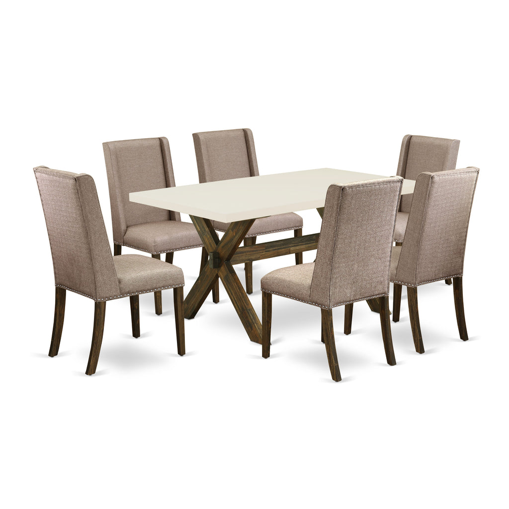X726FXKHB-H 7-Piece Dining Suite Rectangular Table with X-Frame & 6 Khaki Linen Chairs, 36x60 Multi-Color