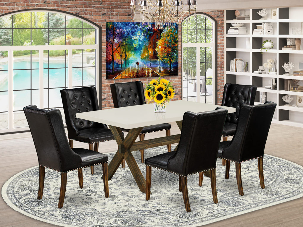 X726FXLRU-Q 7-Piece Dining Ensemble with Rectangular Table and 6 Sleek Faux Leather Chairs, Multi-Colored Elegance